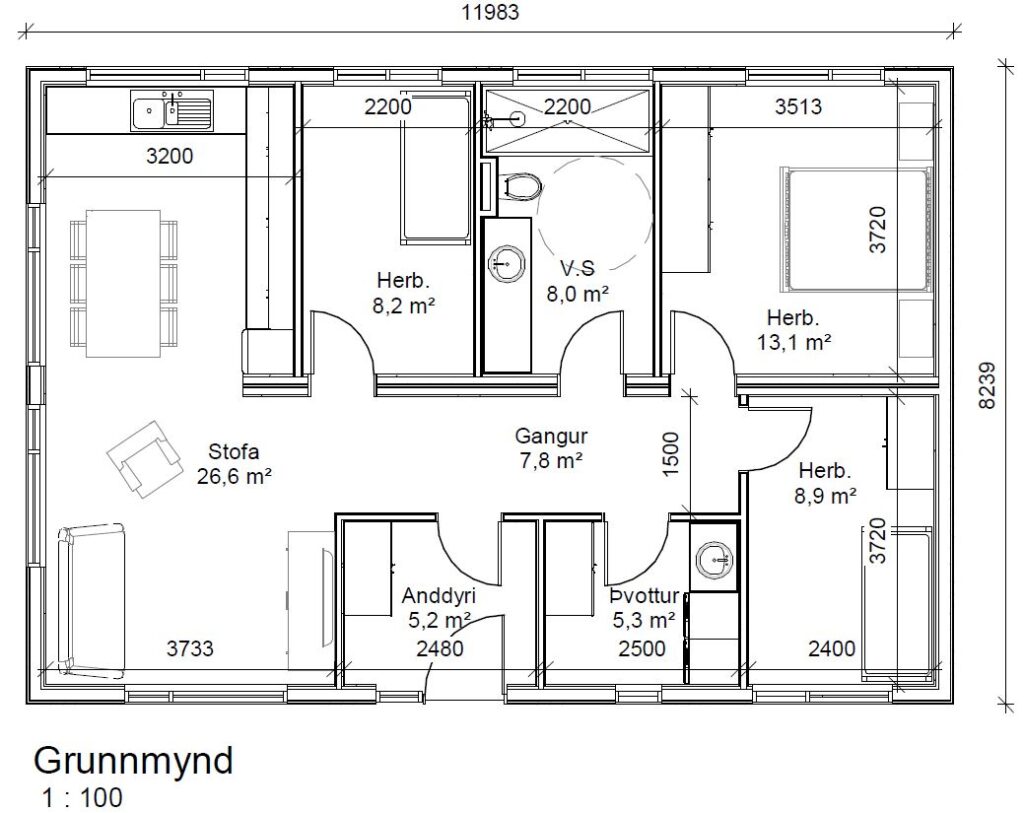 Einbýlishús 99m2 4 herbergja -grunnmynd