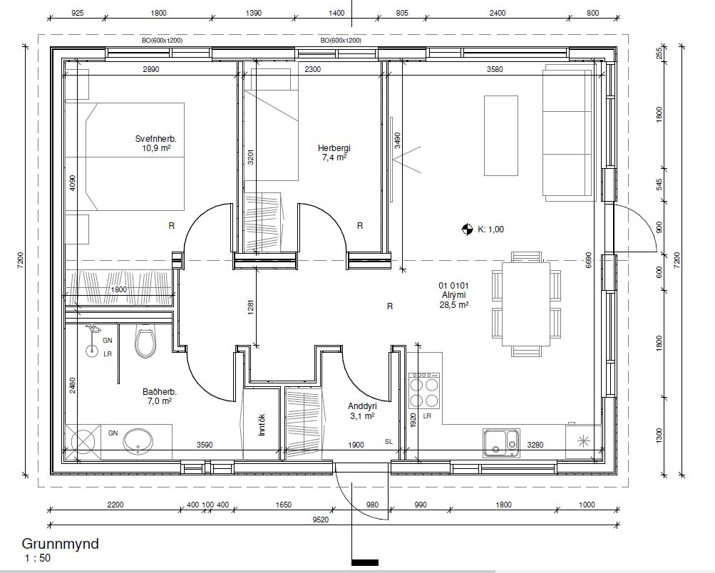 Lítið einbýlishús 68,5m2 - grunnteikning