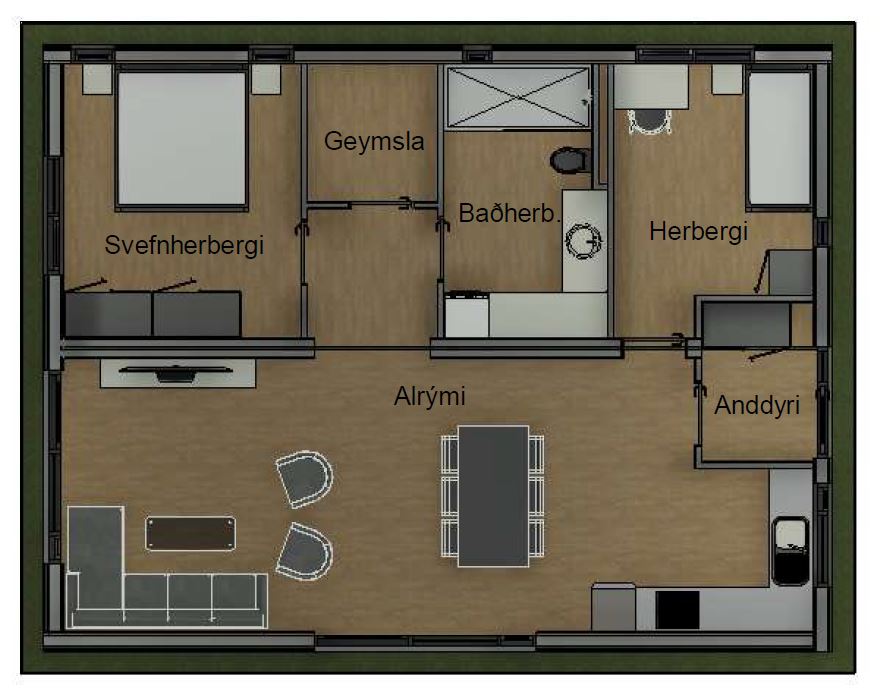 Einbýlishús 87m2 -3 eða 4 svefnherbergi -grunnmynd 3. herbergja