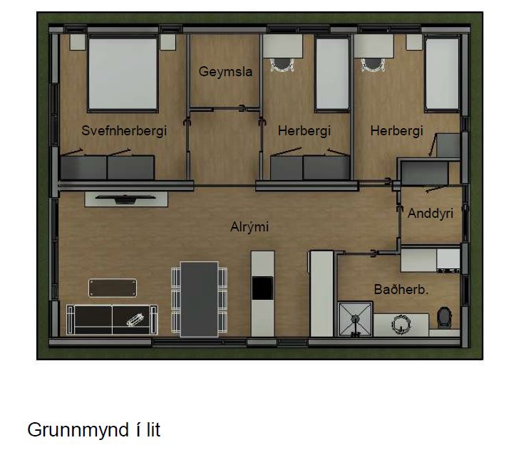 Einbýlishús 87m2 -3 eða 4 svefnherbergi -grunnmynd 3. herbergja